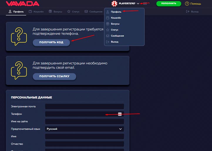 Верификация в казино Вавада